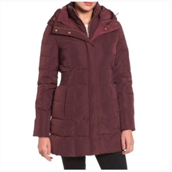 Cole Haan Burgundy Feather Down Hooded Puffer Coat - Picture 1 of 12